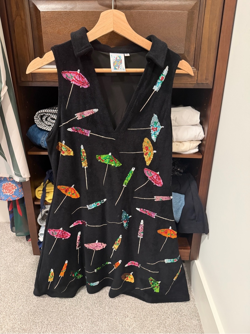 Queen of Sparkles Black Sleeveless Dress with Umbrella Embroidery